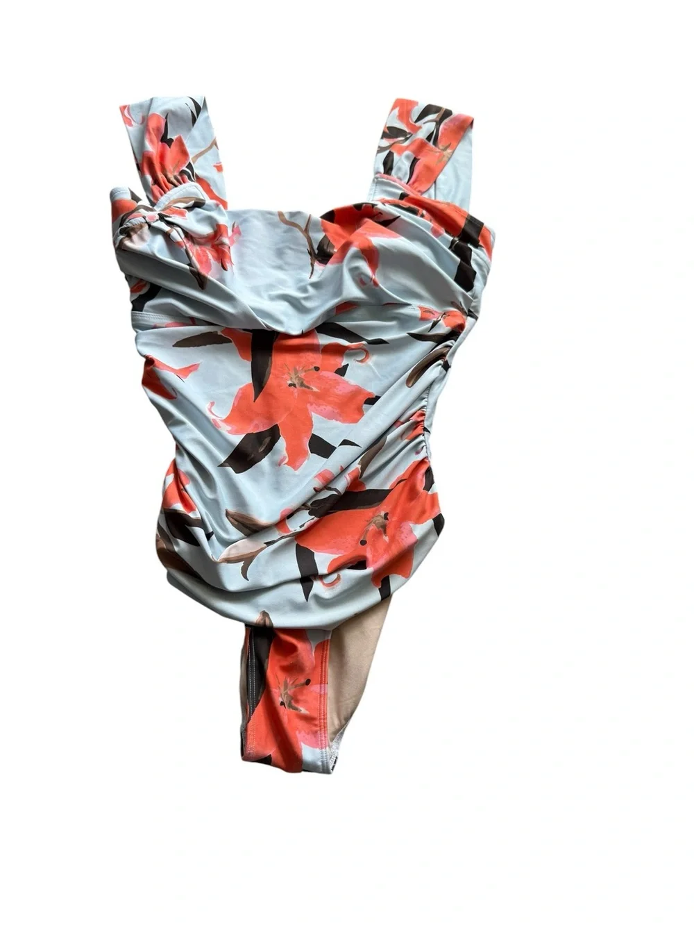 Albion Floral Off-Shoulder One-Piece Swimsuit in Light Blue and Orange